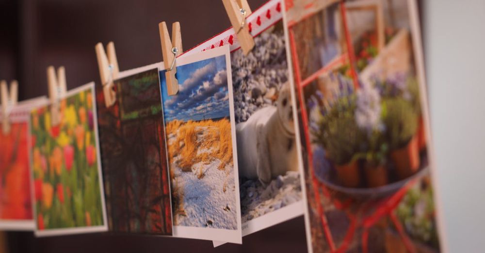 Photos - Colorful photographs and postcards clipped with wooden pins in a creative indoor arrangement.