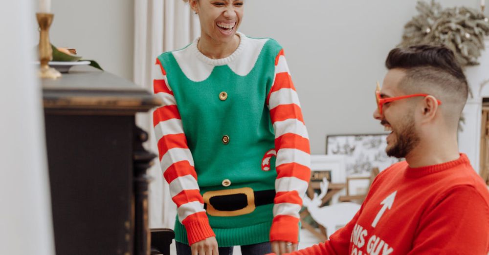 Musical Gifts - A joyful couple in Christmas attire laughing and playing piano indoors during a holiday celebration.