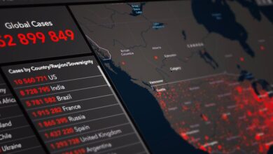 Hotspots - Digital monitor with World map and COVID 19 statistical data of global confirmed cases