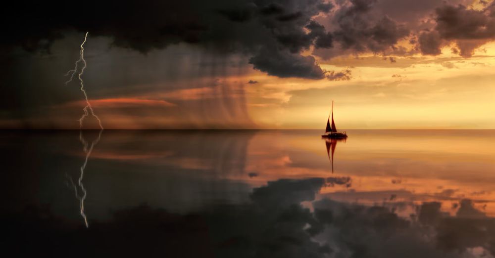 Sailing - A striking seascape featuring a sailboat, lightning, and storm clouds at sunset.