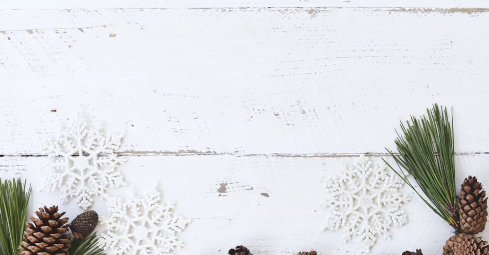 Winter - Simple holiday arrangement with snowflakes and pine cones on a white wooden background.