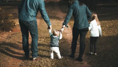 Family - A family of four walks hand in hand on a path, enjoying a sunny day outdoors.