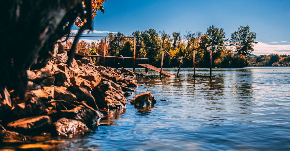 Views - A tranquil autumn lakeside with vibrant leaves and a rocky shoreline under a clear blue sky.