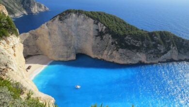 Beaches - A breathtaking view of Navagio Beach with azure waters surrounded by cliffs in Greece.