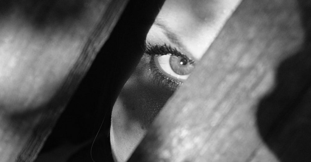 Hidden - A woman's eye peeks through wooden planks, creating a mysterious and enigmatic scene.