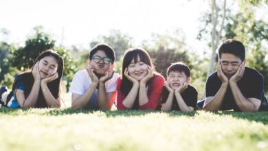 Family - Asian family posing happily on the grass in a sunny park, showcasing love and togetherness.