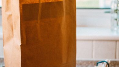 Groceries - A paper bag with apples and packaged goods on a kitchen countertop, lit by natural light.