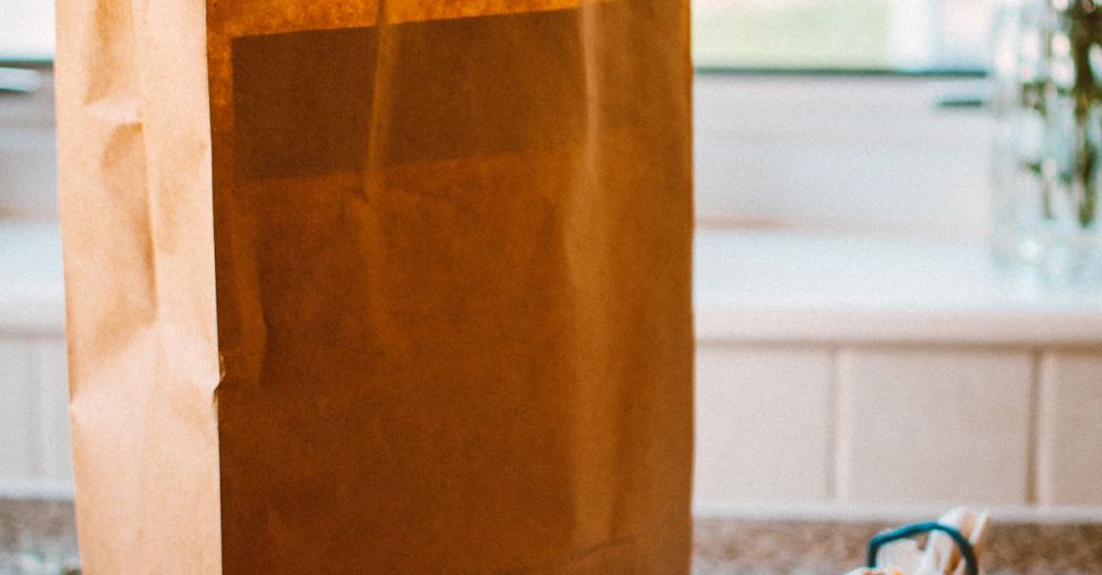 Groceries - A paper bag with apples and packaged goods on a kitchen countertop, lit by natural light.