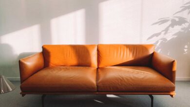 Furniture - Stylish leather sofa with sunlit shadows in a contemporary home interior.