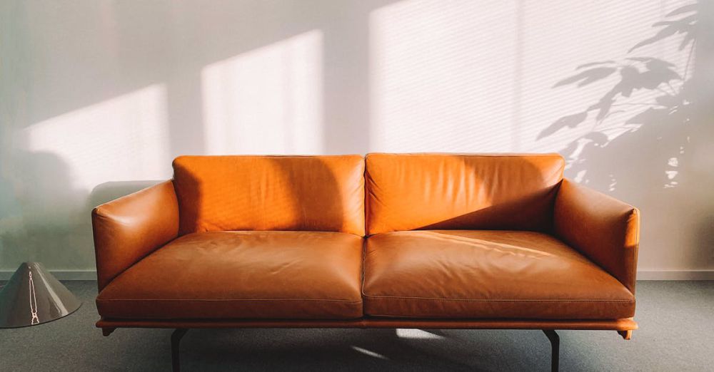 Furniture - Stylish leather sofa with sunlit shadows in a contemporary home interior.