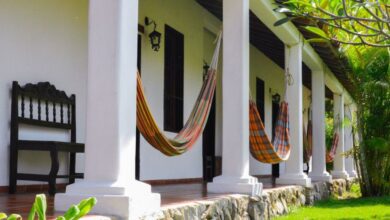 Hammocks - Front view of a traditional colonial house with hammocks and vibrant greenery, Falcón, Venezuela.