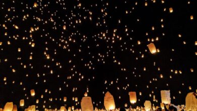 Lanterns - A mesmerizing scene of sky lanterns illuminating the night during a festive gathering, creating a magical atmosphere.