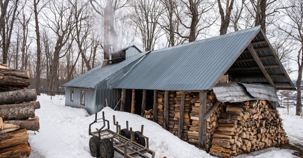 Heating Solutions - A classic rural sugar shack surrounded by snow in a Quebecois forest setting.