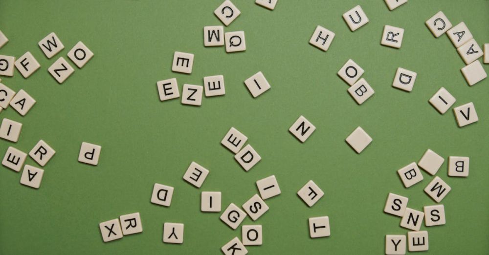 Reading Games - Scattered alphabet tiles on a green background, perfect for word games and educational themes.