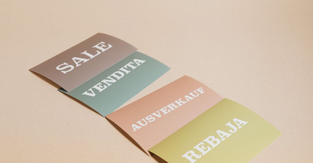 Language Cards - Four sale signs in different languages on a beige background, ideal for retail promotions.