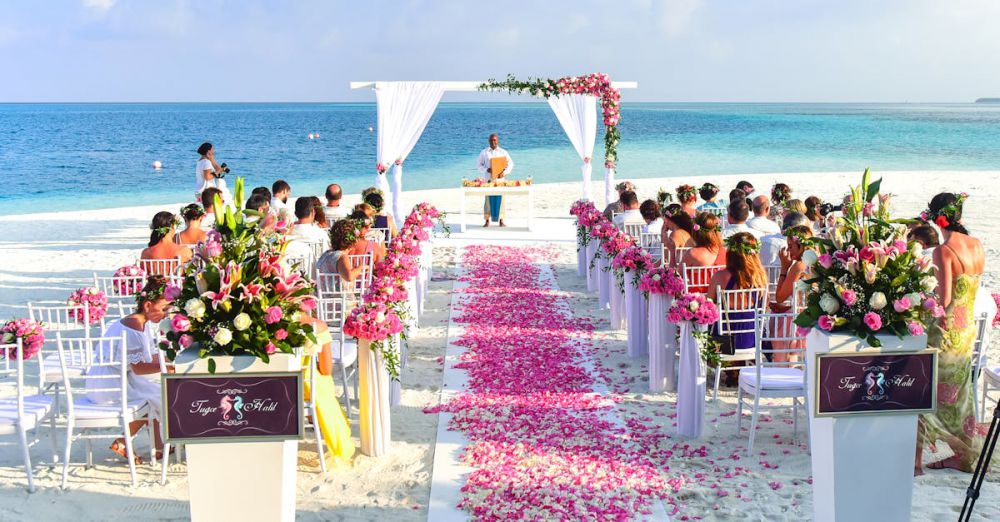 Decorations - A beautiful outdoor beach wedding setup with rose petals, guests, and ocean view.