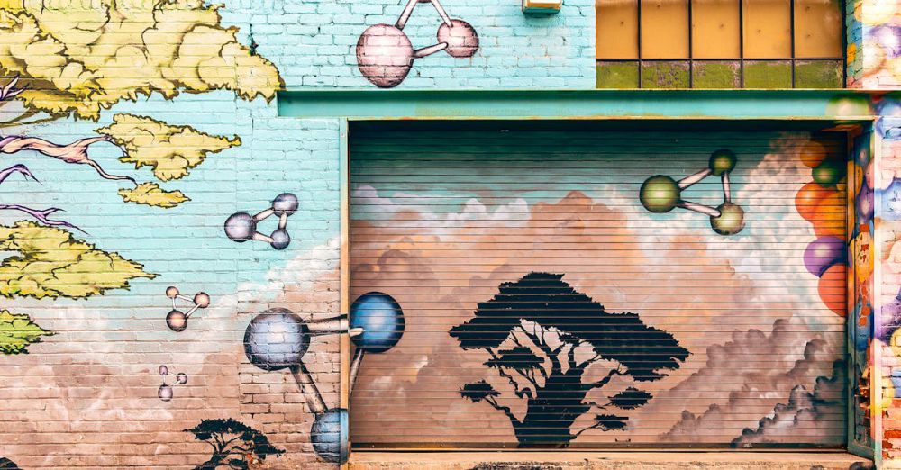 Wall Art - Colorful mural on a brick wall in Pasadena featuring trees and molecular shapes.