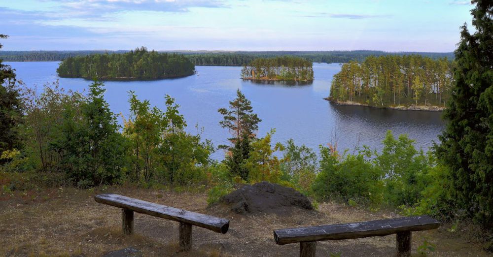 Benches - Scenic view of benches overlooking a serene Scandinavian lake with islands and lush trees, perfect for relaxation.