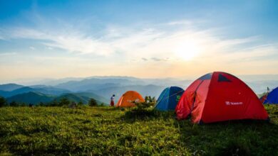 Tents - Vibrant tents on a grassy mountain ridge with a stunning sunrise view, ideal for adventure.