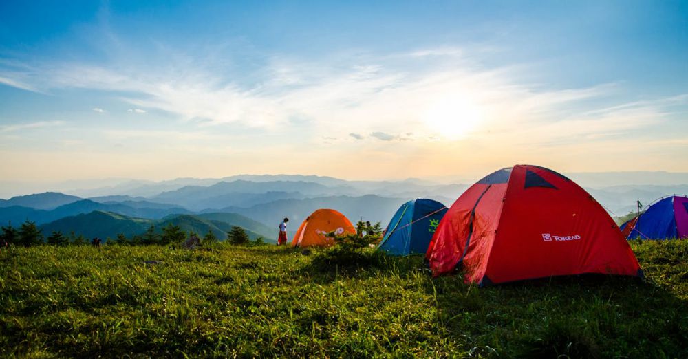 Tents - Vibrant tents on a grassy mountain ridge with a stunning sunrise view, ideal for adventure.