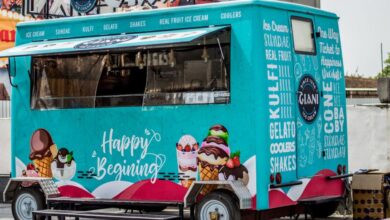 Coolers - Vibrant ice cream truck parked outdoors offering a variety of sweet treats like gelato and sundaes.