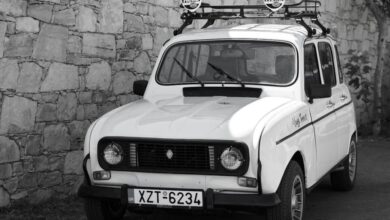 Headlamps - Classic white Renault car parked by a rustic stone wall outdoors.