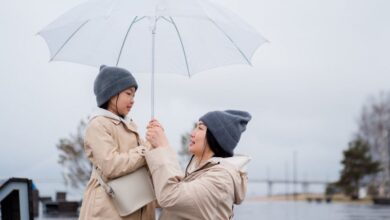 Waterproof Bags - Mother and daughter in matching coats and beanies holding an umbrella, enjoying a rainy day outdoors.