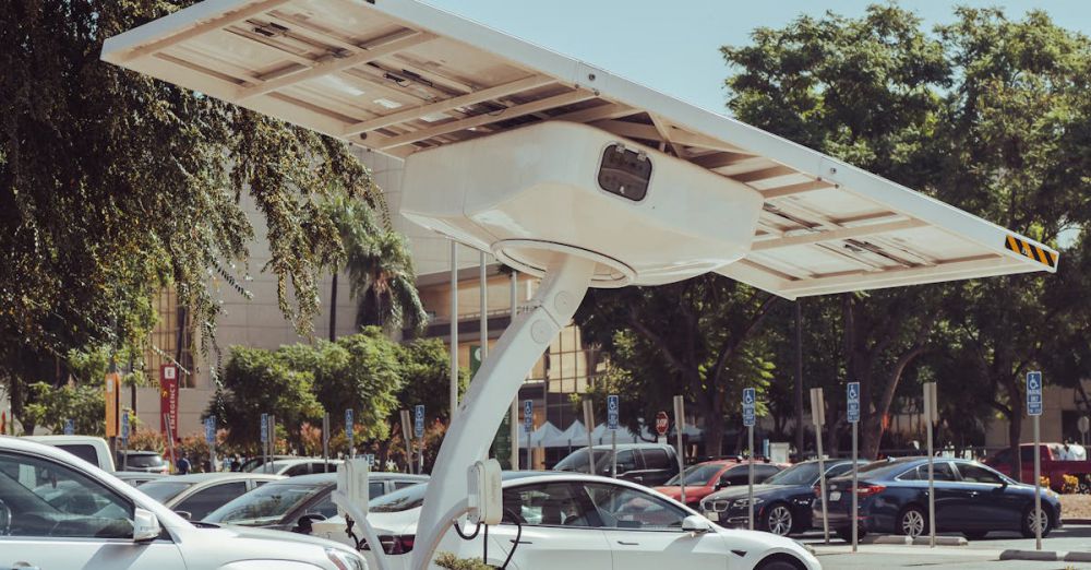 Solar Chargers - Modern solar-powered charging station for electric vehicles on a sunny day.