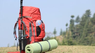 Camp Mats - Red backpack with hiking pole and mat on grassy field with forest background.