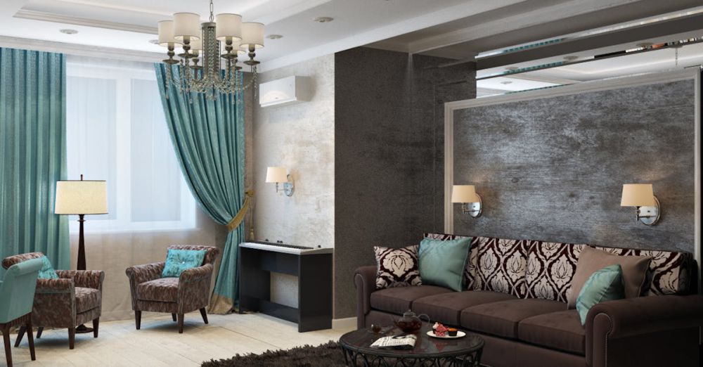 Decorations - Luxurious modern living room with chandelier, sofa, armchairs, and stylish decor.