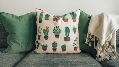 Pillow - A modern living room with green cushions, cactus pillow, and cozy throw blanket on a sofa.