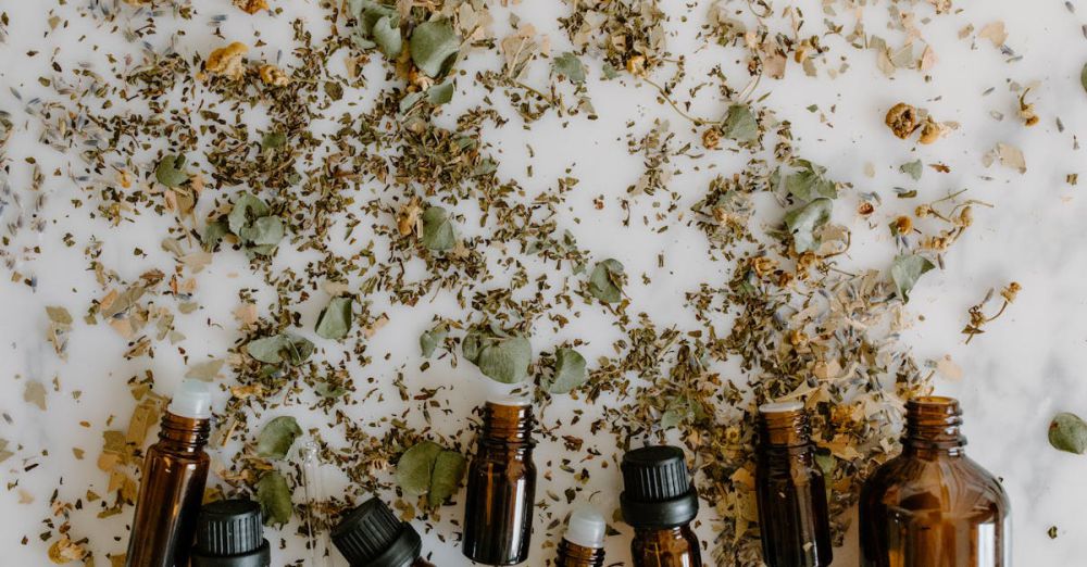 Herbal Teas - Glass bottles with essential oils surrounded by scattered dried herbs on a white surface.