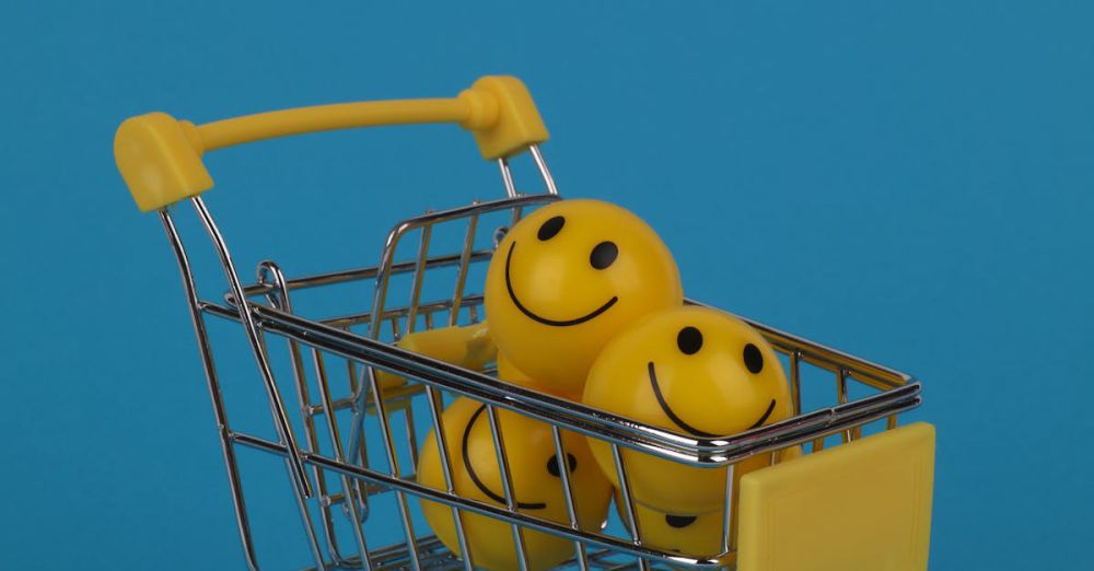 Stress Balls - Shopping cart filled with yellow smiley face stress balls on a vibrant blue background, with ample copy space.