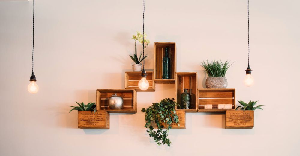 Home Decor - Contemporary wooden shelves with plants and decor, illuminated by hanging lights.