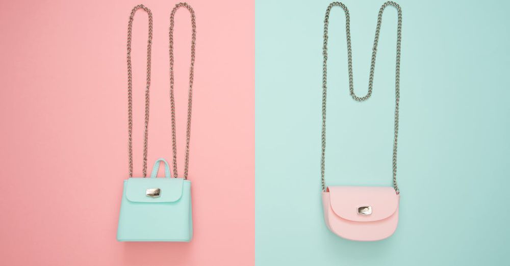 Bags - Stylish pastel handbags on pink and mint split backgrounds, perfect for fashion and design themes.