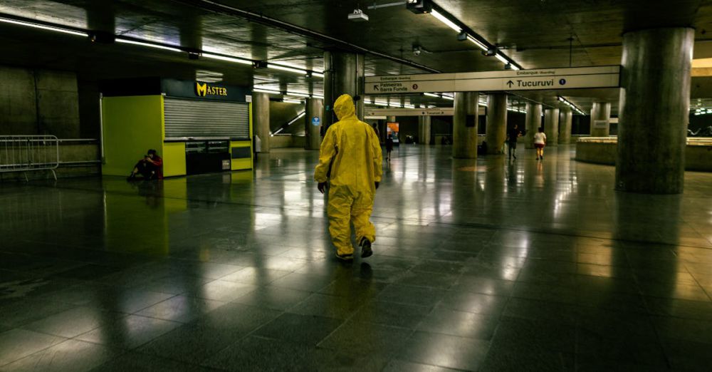 Sanitizers - Person in a yellow hazmat suit walking in a subway station in São Paulo, Brazil during the day.