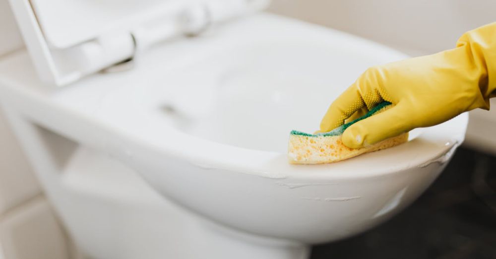 Toilet Cleaners - Close-up of a gloved hand using a sponge to clean a toilet, focusing on hygiene.