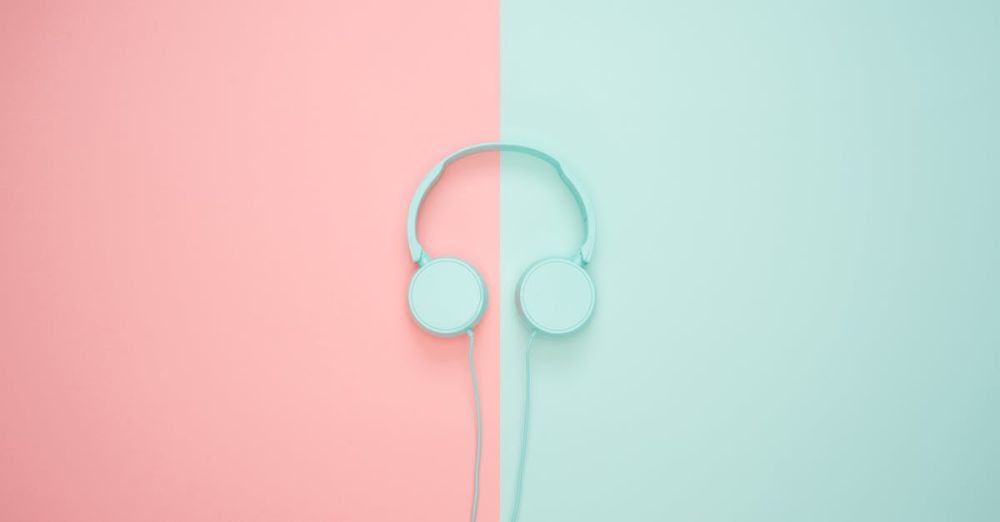 Headphones - Minimalist headphones on a pink and mint background, artistic and modern.