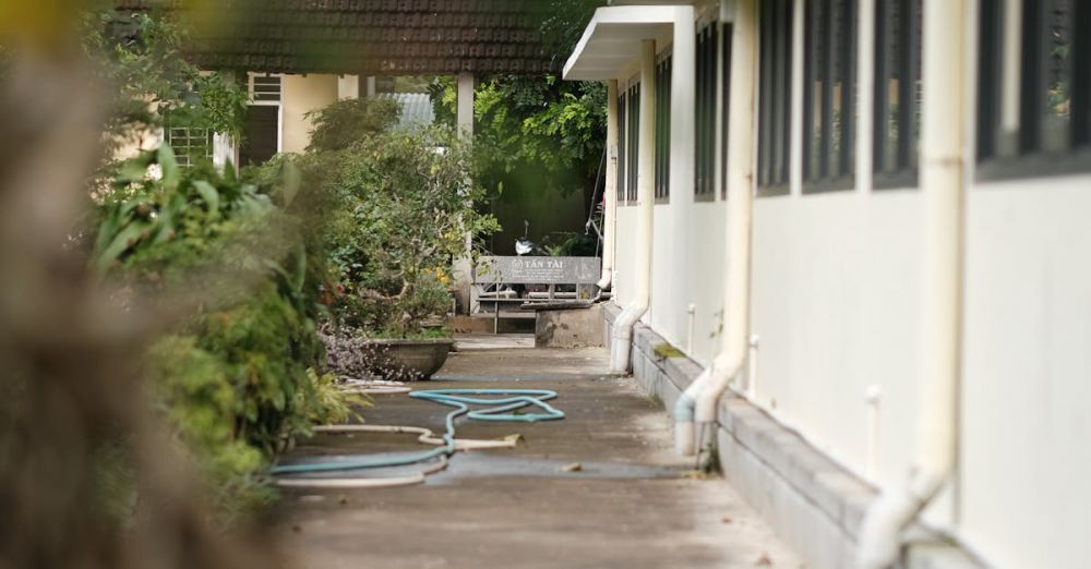 Garden Hoses - A serene garden path beside a building, featuring green hoses and a peaceful atmosphere.