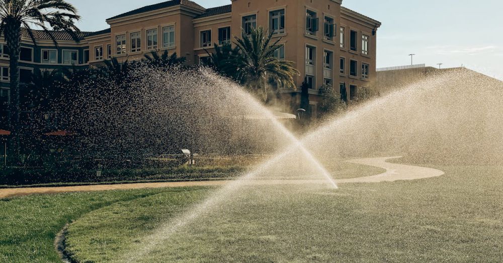 Lawn Sprinklers - A charming building with a lush green lawn and sprinklers in action under a clear sky in Santa Clara, CA.