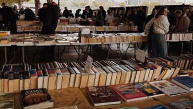 Reading Stands - An outdoor book market with tables of books and numerous shoppers enjoying a lively atmosphere.