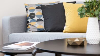 Pillows - Contemporary living room interior featuring a stylish sofa, decorative pillows, and a vase of flowers.