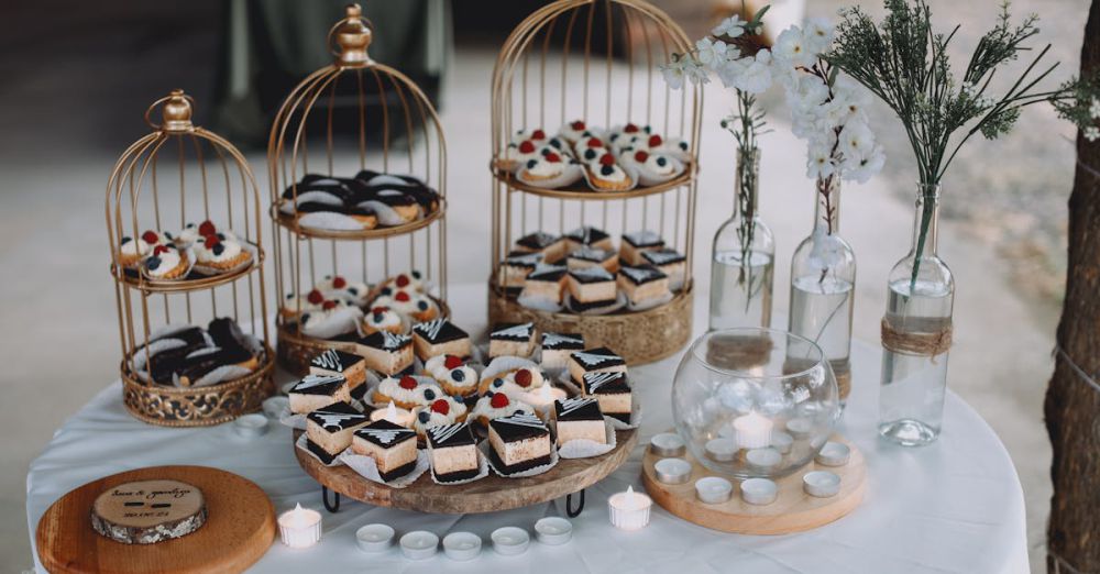 Cake Stands - Chic dessert table with birdcage cake displays, sweets, and floral decor for a stylish celebration.