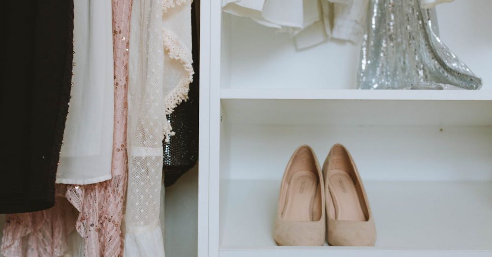 Closet Organizers - Elegant wardrobe showcasing luxury fashion with beige shoes and delicate clothing.