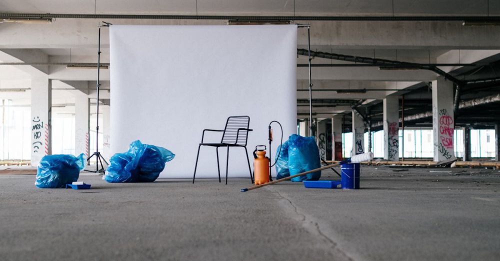 Storage Bags - A minimalist scene featuring a chair with a white backdrop in an industrial space.