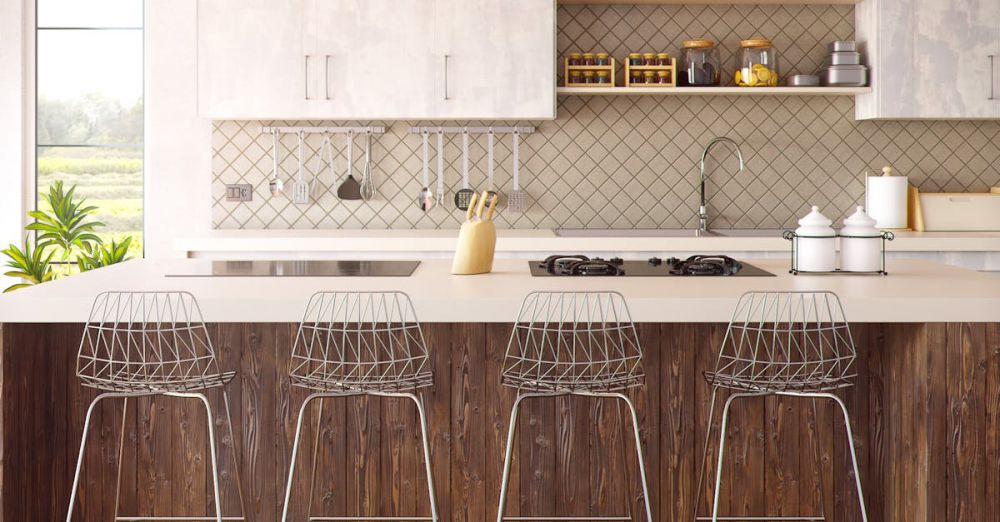 Wall Shelves - Chic minimalist kitchen design featuring wooden accents and modern bar stools.