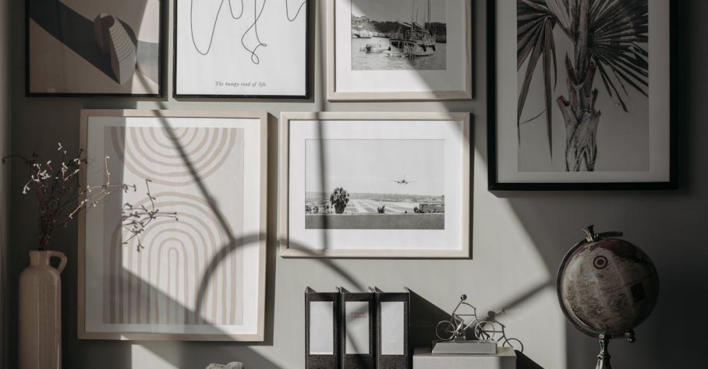 Hanging Organizers - A stylish and modern interior featuring framed art prints, a globe, and decor items on a wooden surface.