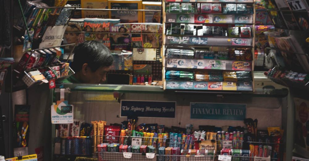 Puzzle Books - Vibrant newsstand filled with magazines, snacks, and sundry items in a busy urban setting.