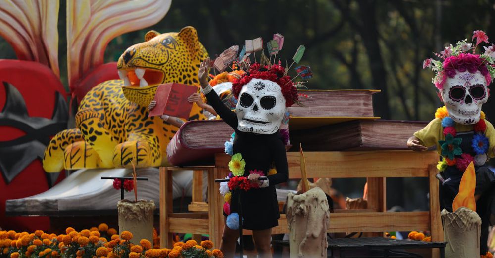 Art Books - Vibrant Day of the Dead parade with skull masks and floral decorations celebrating cultural traditions.